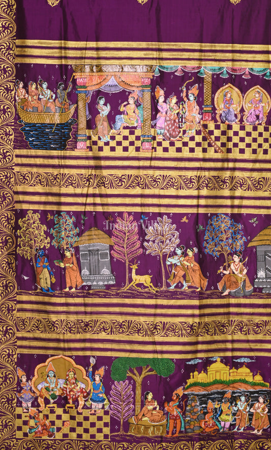 Purple Ramayan Theme Hand-Painted Pattachitra Saree 