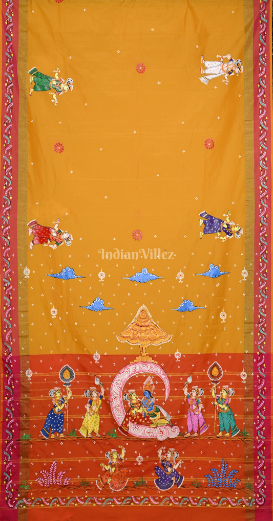 Yellow Red Ardha Chandra Krishna Rasa Leela Hand-Painted Pattachitra Saree