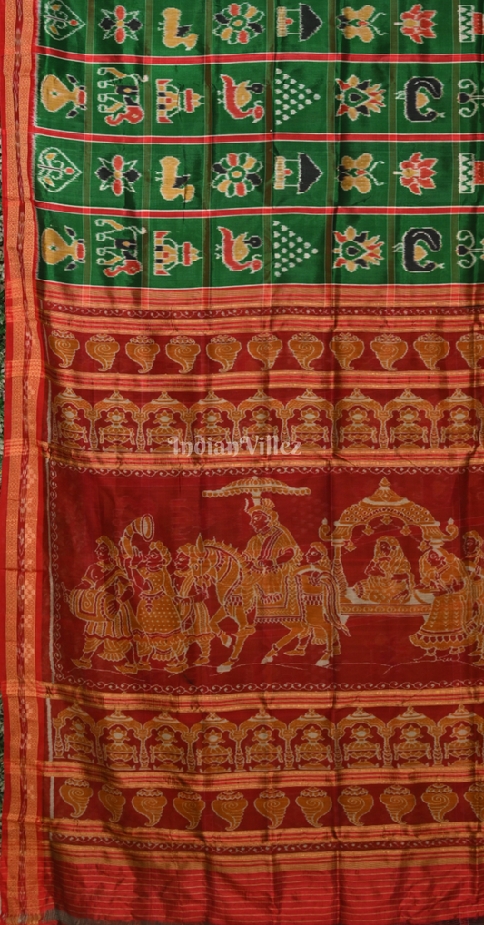 Green Maroon Nabakothi Odisha Ikat Khandua Silk Saree with Doli Barat Anchal