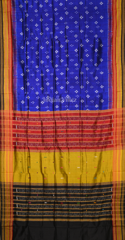 Royal Blue Black Pasapali Kathiphera Odisha Ikat Khandua Silk Saree 