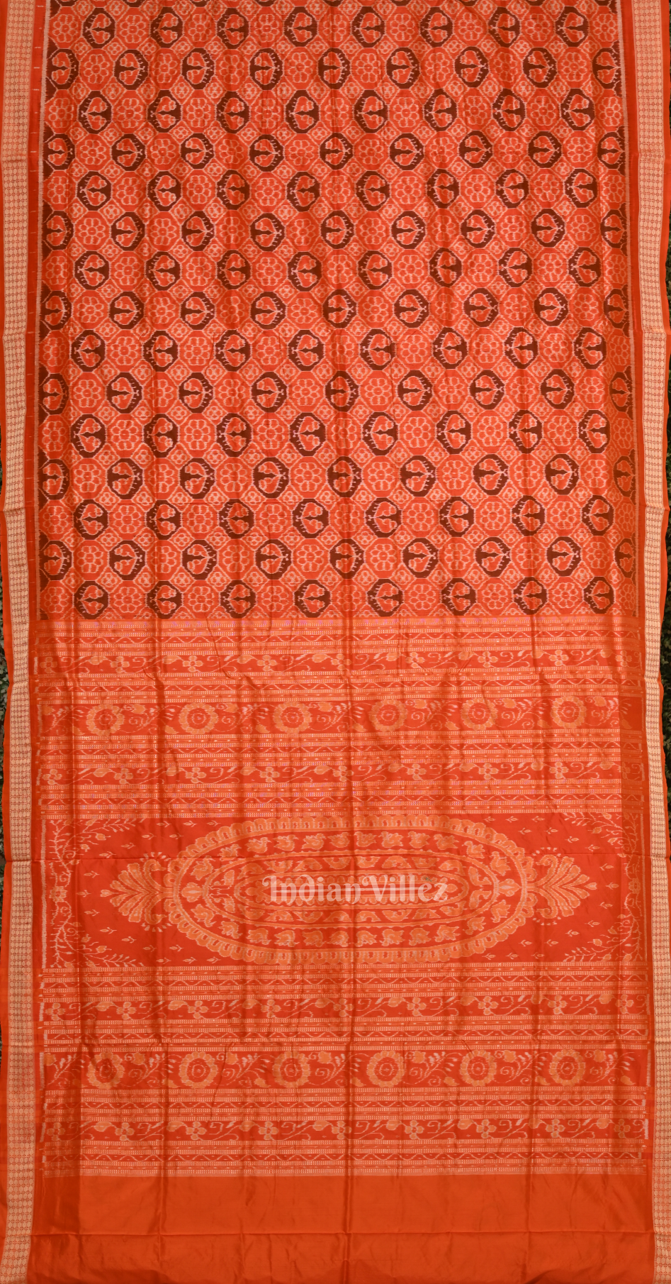 Red Flower Sankha Motif Odisha Ikat Sambalpuri Silk Saree 
