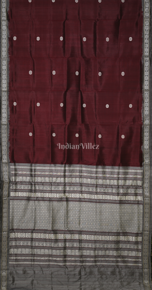 Maroon Cement Grey Siminoi Odisha Ikat Khandua Silk Saree 