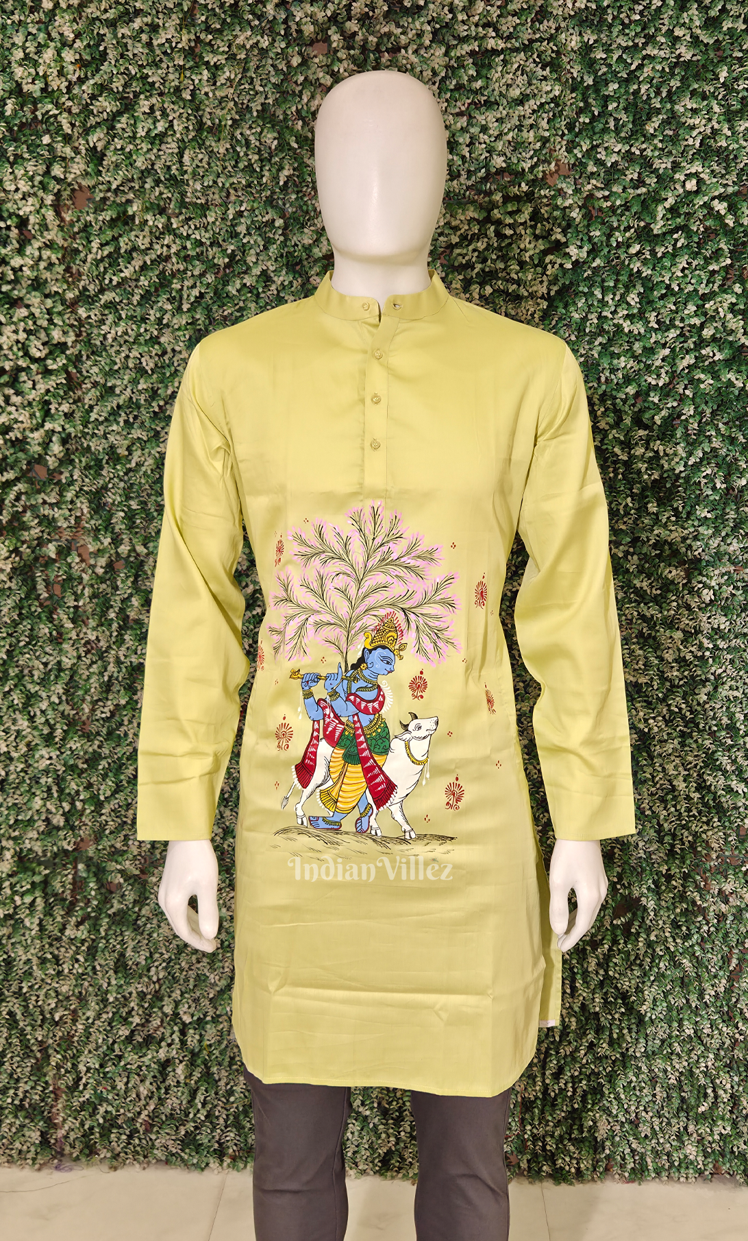 Light Green  Krishna Murali Theme Hand-Painted Pattachitra Kurta