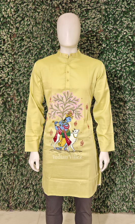 Light Green  Krishna Murali Theme Hand-Painted Pattachitra Kurta
