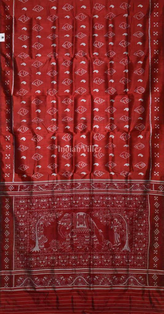 Maroon Sankha Theme Odisha Ikat Contemporary Designer Silk Saree with elephant Anchal