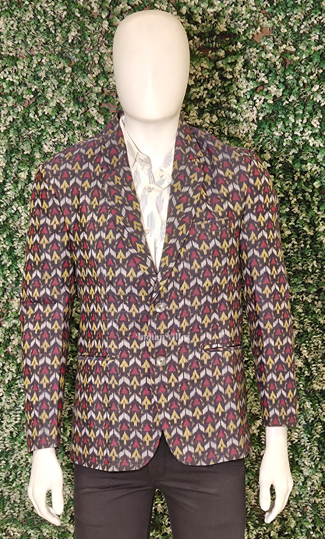 Black with Multi Color Mashroom Motif Odisha Ikat Men's Designer Blazer 