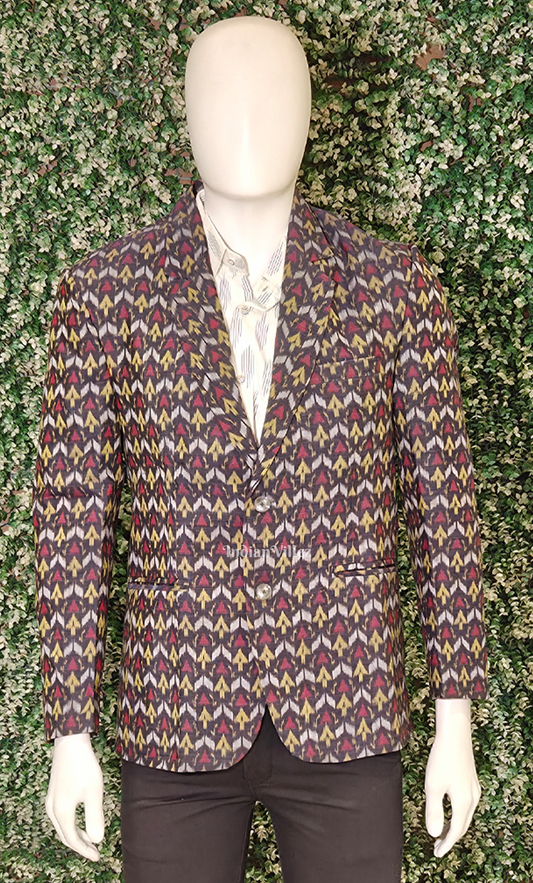 Black with Multi Color Mashroom Motif Odisha Ikat Men's Designer Blazer 