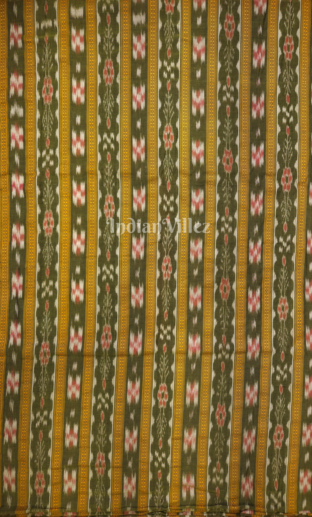 Green Yellow  Pasapali Flower Theme Odisha Ikat Sambalpuri Cotton Fabric