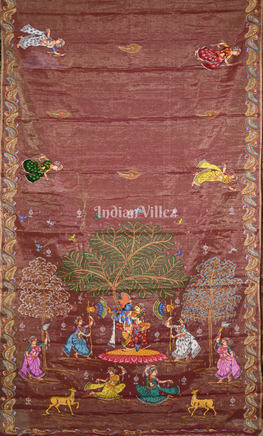  Rust Maroon Dual Tone Krishna Raas Leela Hand- Painted Pattachitra Saree (Tissue)