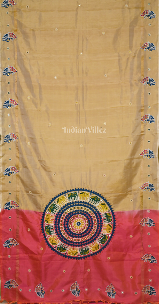 Beige Pink Hand Embroidered Applique Work Saree 