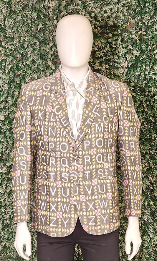  Grey Alphabet Theme Odisha Ikat Men's Designer Blazer 