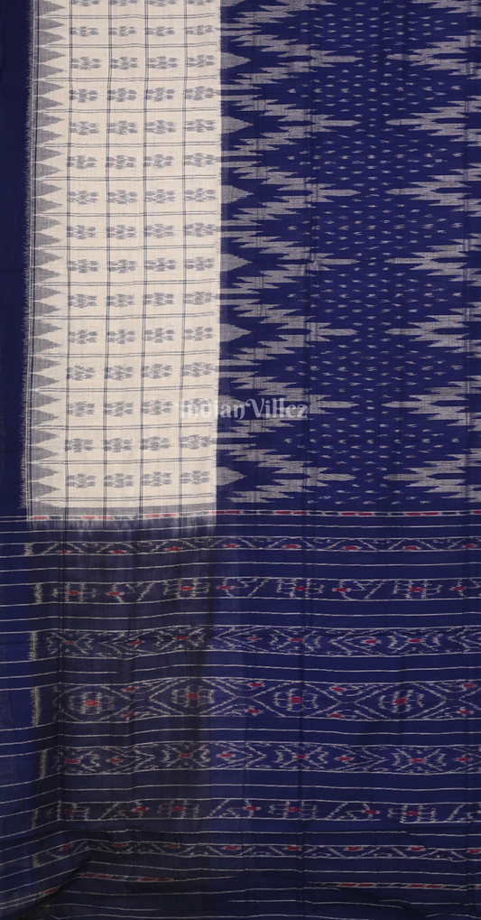 White Blue Half Half Odisha Ikat Maniabandha Cotton Saree 