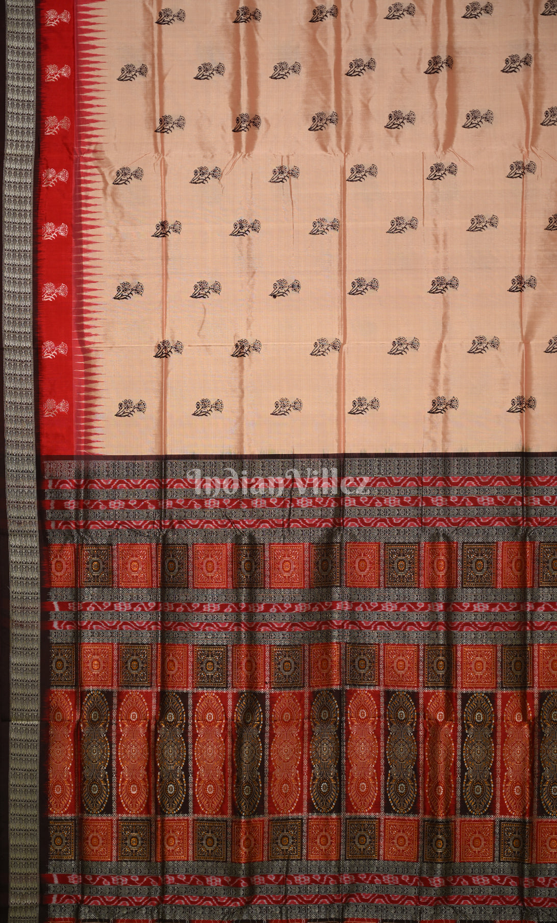 Beige Red Odisha Ikat Bomkai Sambalpuri Silk Saree 