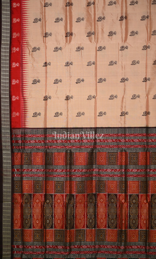Beige Red Odisha Ikat Bomkai Sambalpuri Silk Saree 