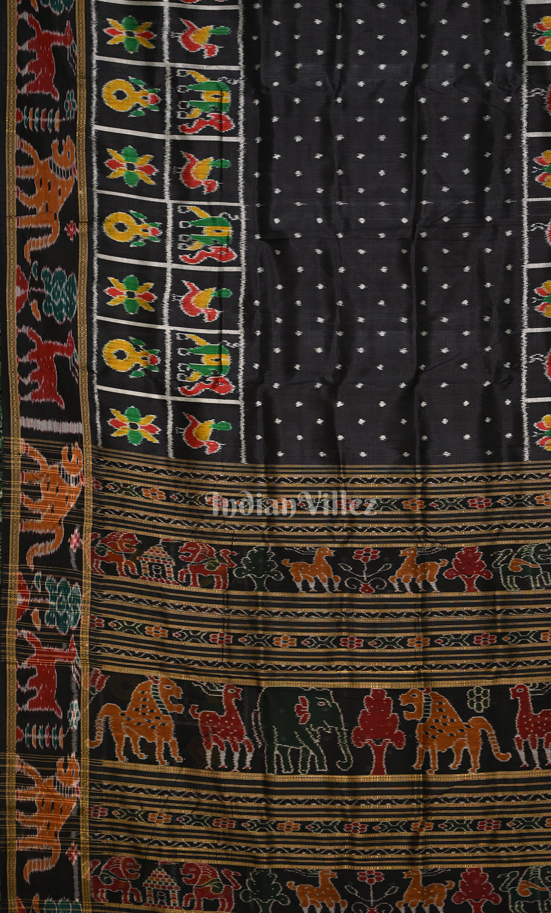 Black  Dot Half Nabakothi Border Odisha Ikat Khandua Silk Saree 