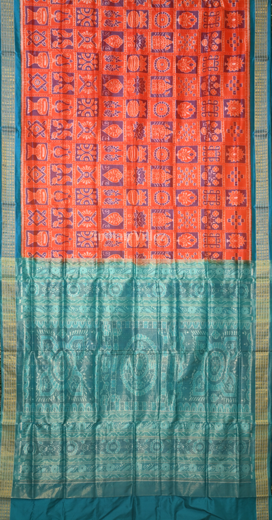 Rust Orange Blue Nabakothi Odisha Ikat Half Tissue Sambalpuri Silk Saree