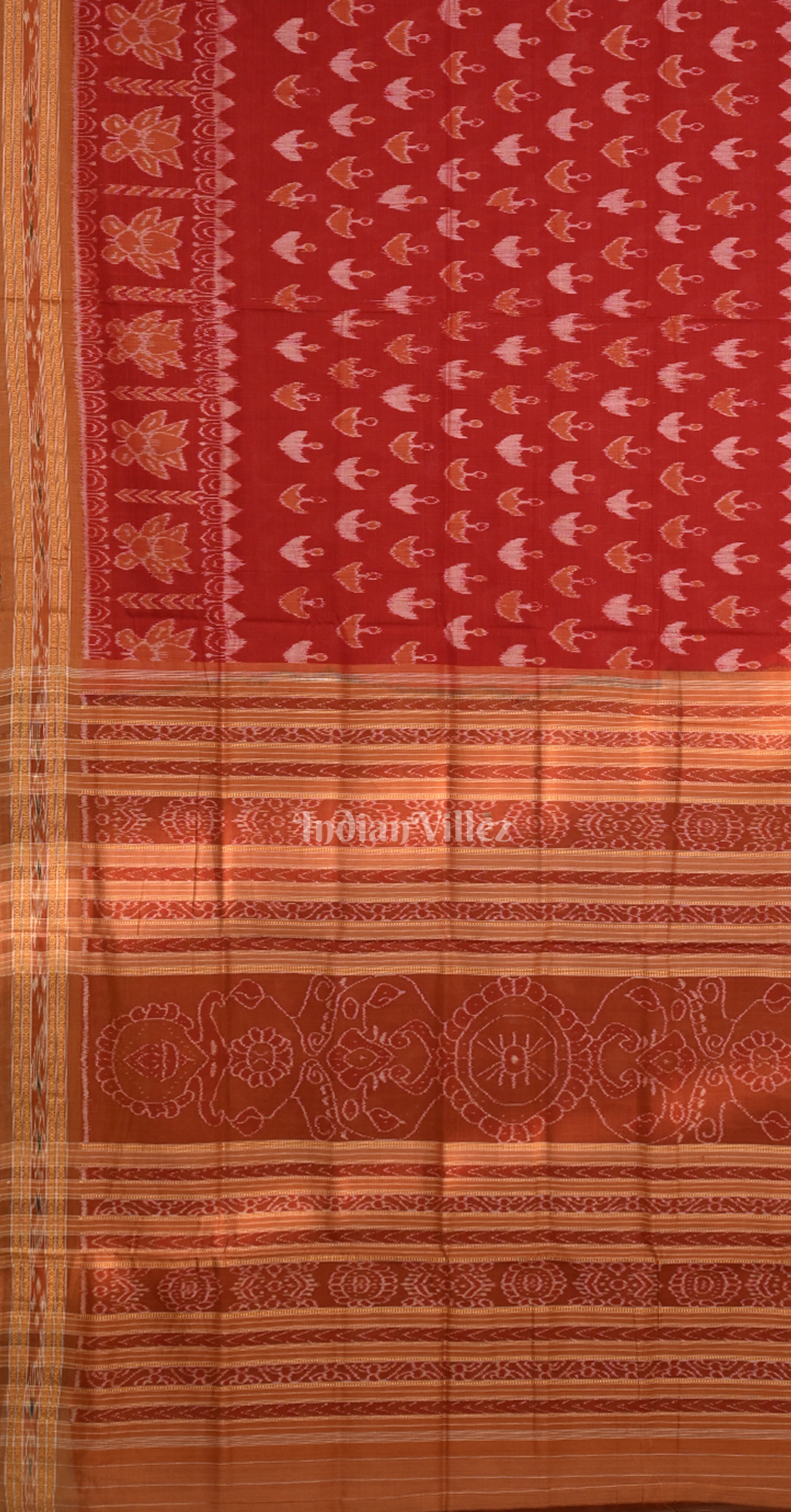 Red Mustard Yellow Diya Motif Odisha Ikat Sambalpuri Pure Cotton Saree 