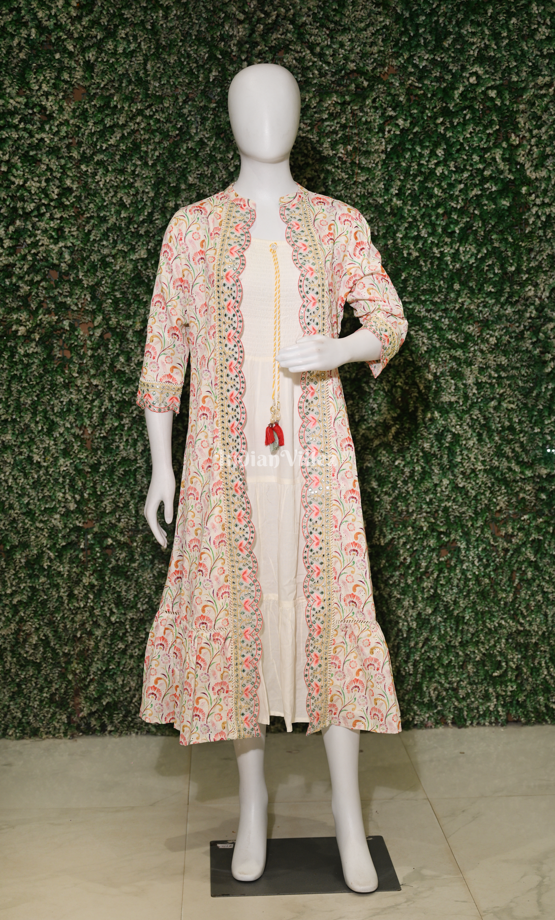 Off-White Cotton Floral Print Sleeveless Middi Frock with Shrug
