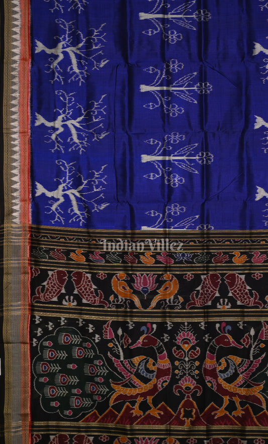 Royal Blue Black Flower Motif Odisha Ikat Khandua Silk Saree 