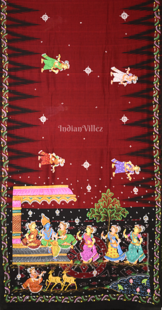 Maroon Black Krishna Raas Leela Hand-Painted Pattachitra Saree 