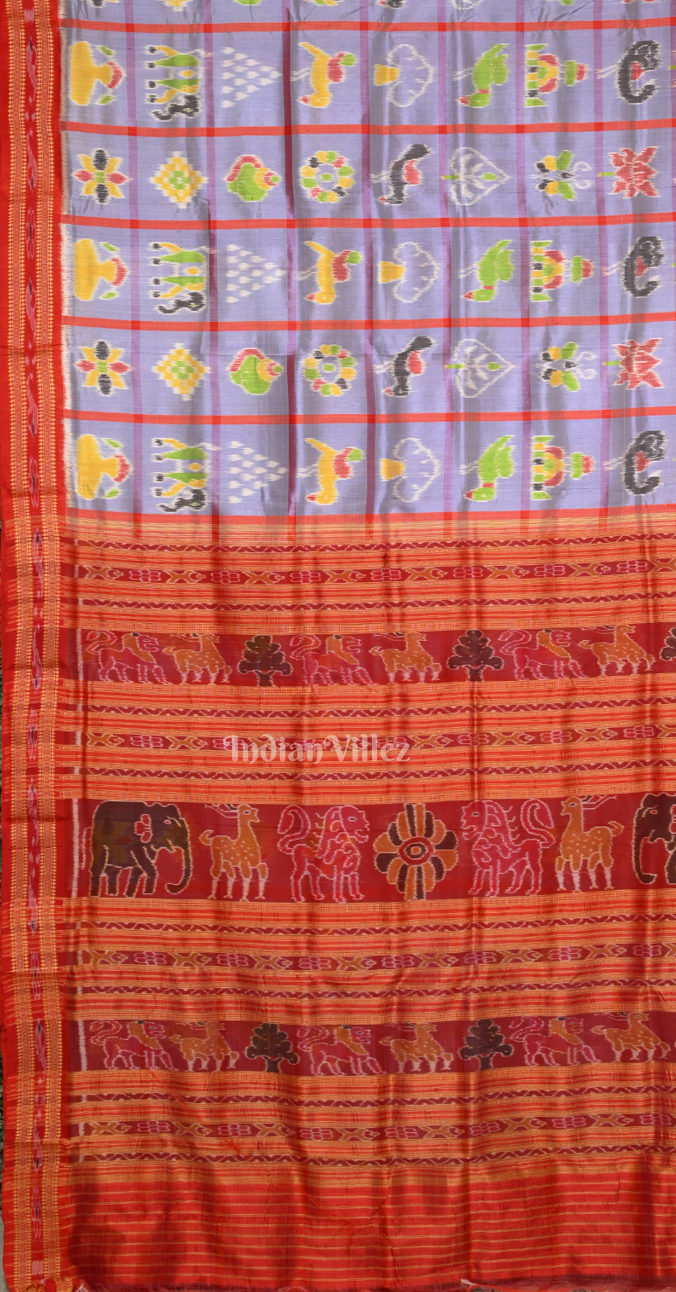 Lavender Red Nabakothi Odisha Ikat Khandua Silk Saree with Jungle Anchal