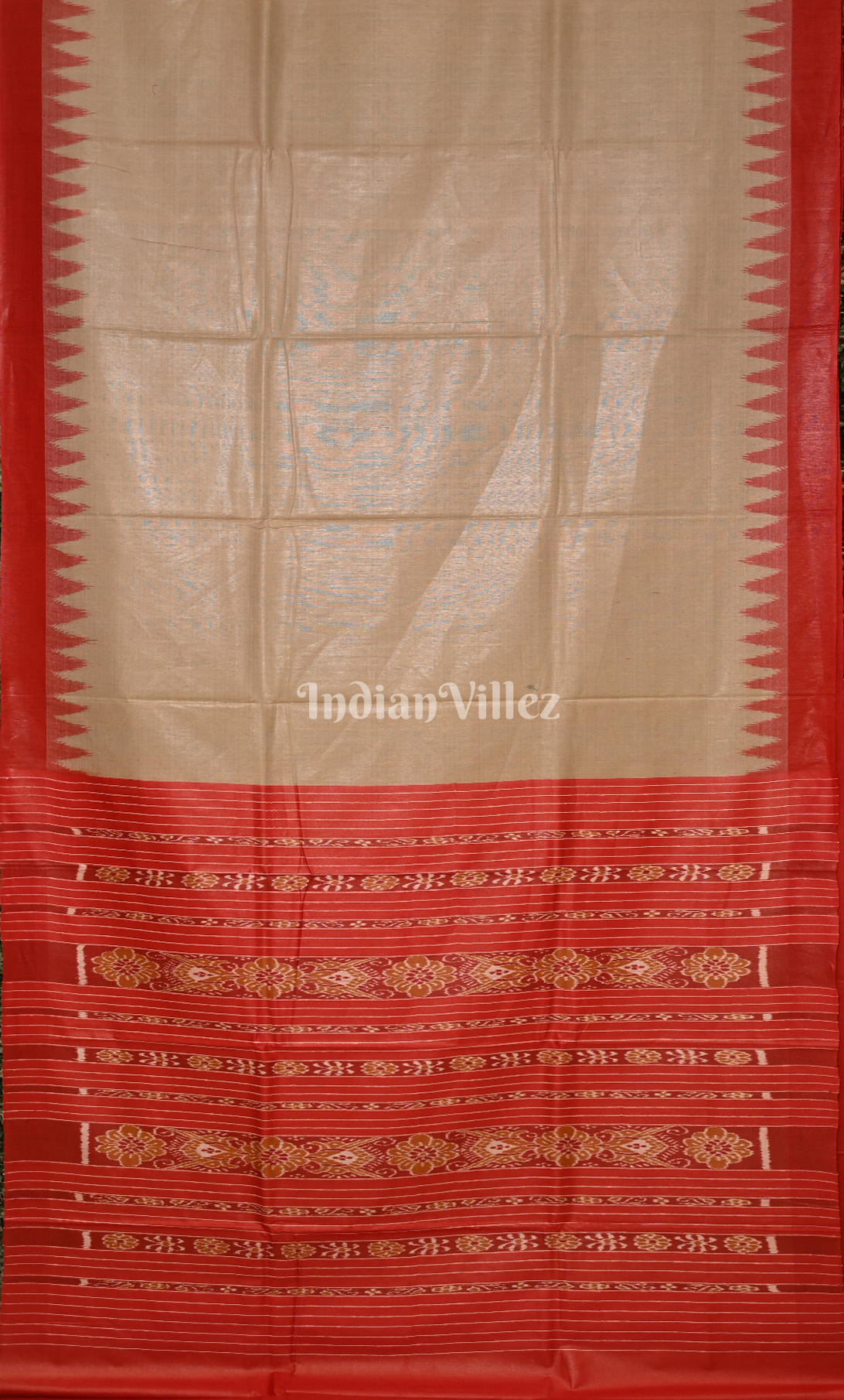 Beige Gopalpur Tussar Silk Saree with Red Temple Border & Anchal 