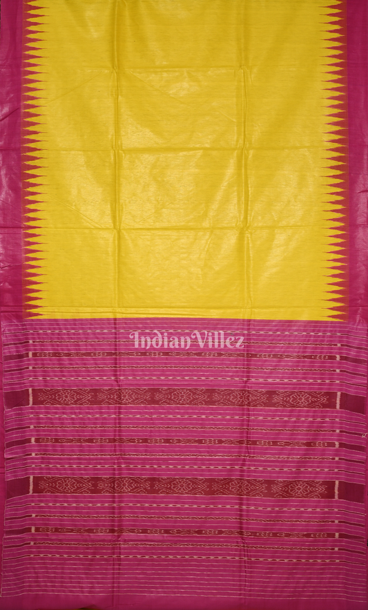 Yellow Gopalpur Tussar Silk Saree with Pink Temple Border & Anchal