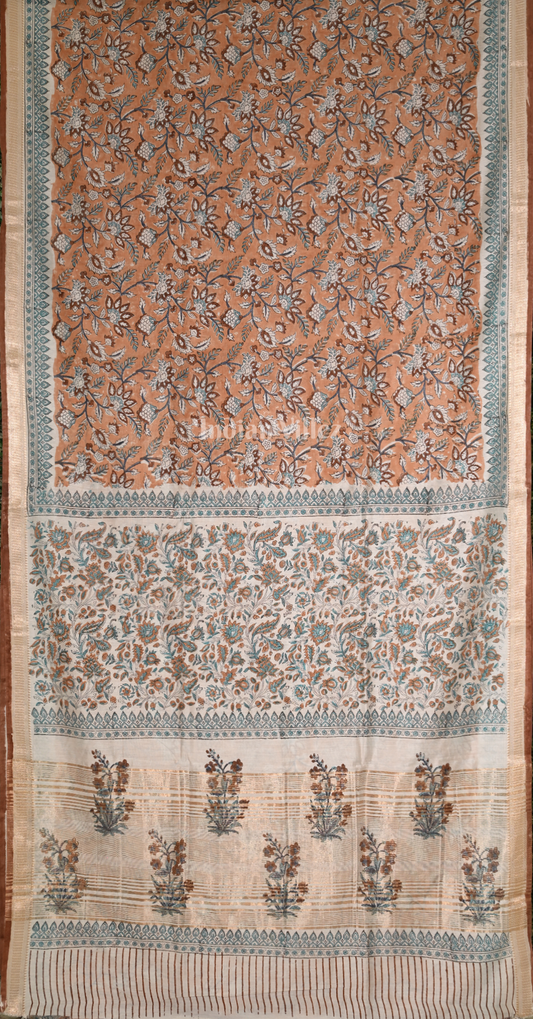 Light Orange Block Printed Sanganeri Cotton Saree 