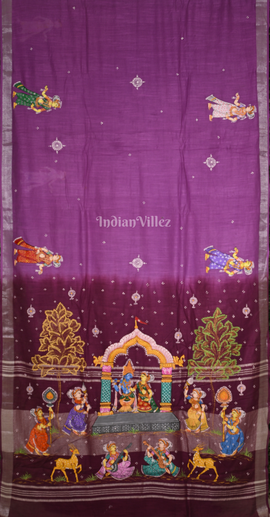 Purple Wine Krishna Rasa Leela Hand-Painted Pattachitra Saree
