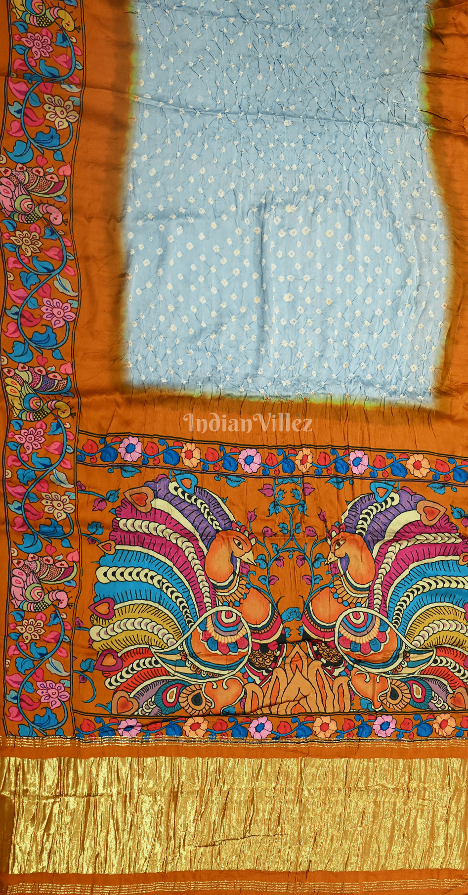 Light Blue Orange Bandhani Gharchola Gaji Silk Saree with Zari Work 