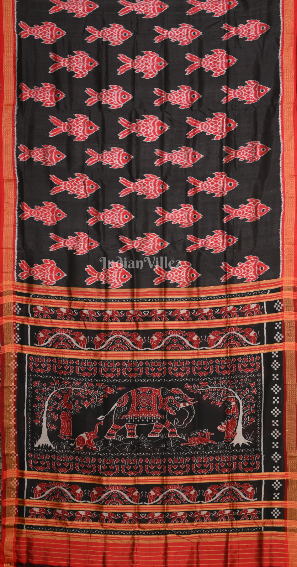 Black Red Fish Motif Odisha Ikat Sambalpuri Silk Saree 