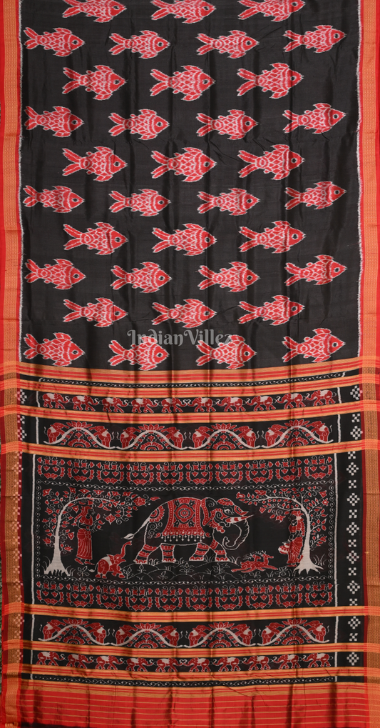 Black Red Fish Motif Odisha Ikat Sambalpuri Silk Saree 