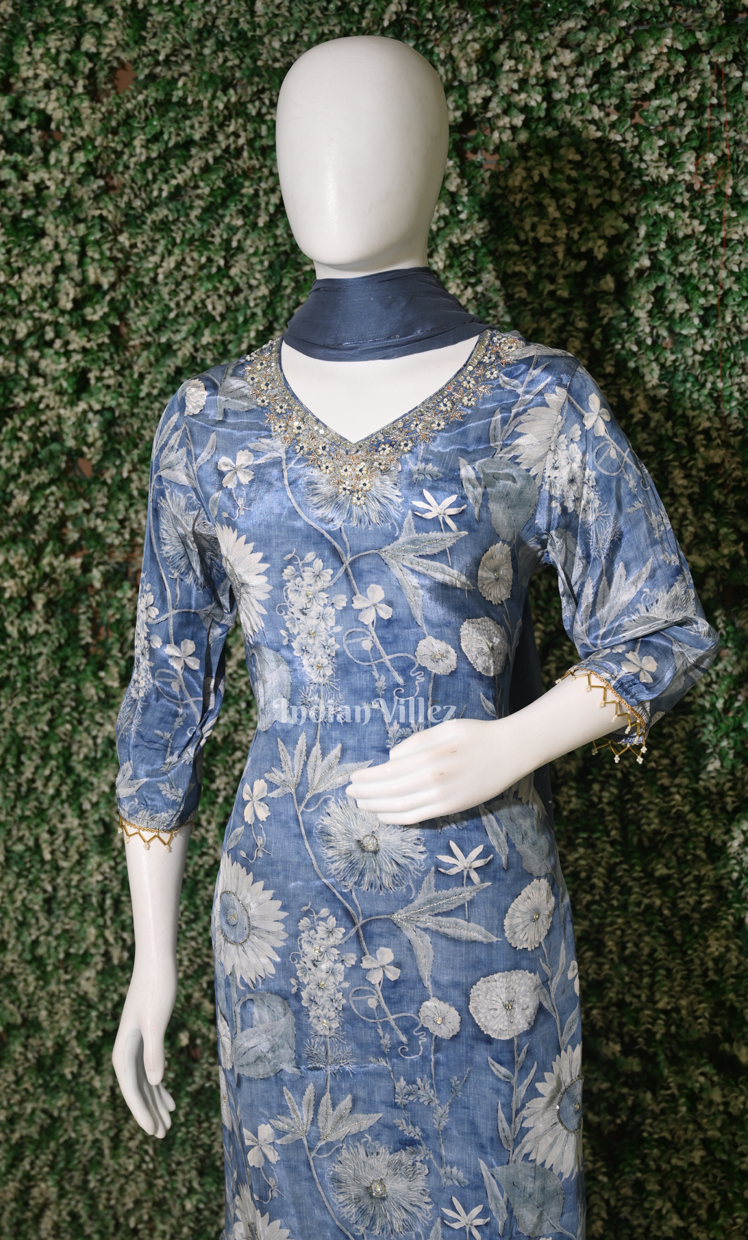 Blue Floral Print Kurta with Sharara Set & Dupatta