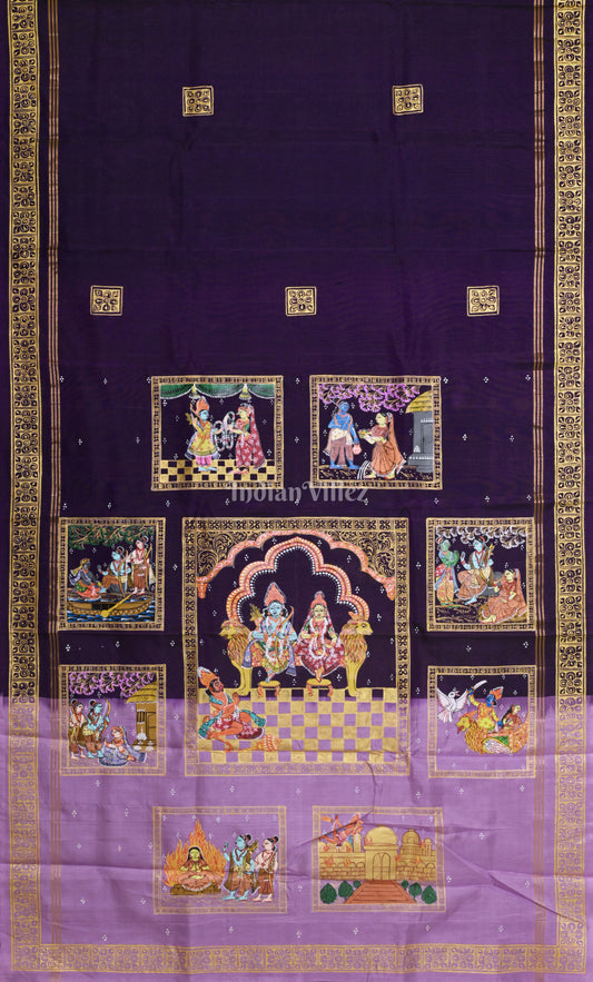 Purple Pink Ramayan Theme  Hand-Painted Pattachitra Saree