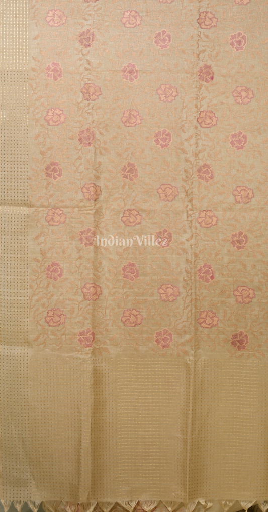 Beige Tussar Silk Saree with Floral Embroidery Work