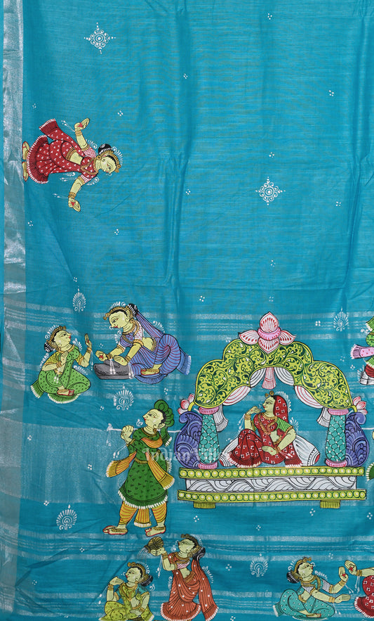 Sky Blue Doli Barat Theme Hand-Painted Pattachitra Saree 