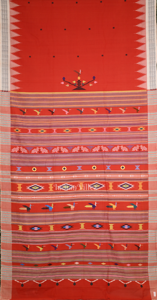 Red White Border Ganjam Bomkai Cotton Saree 