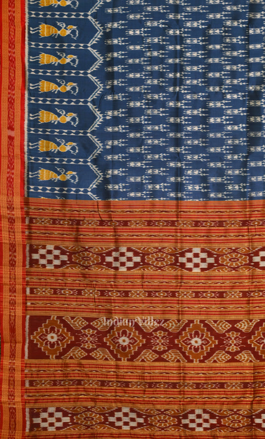 Light Blue Red Tribal Theme Odisha Ikat Khandua Silk Saree 