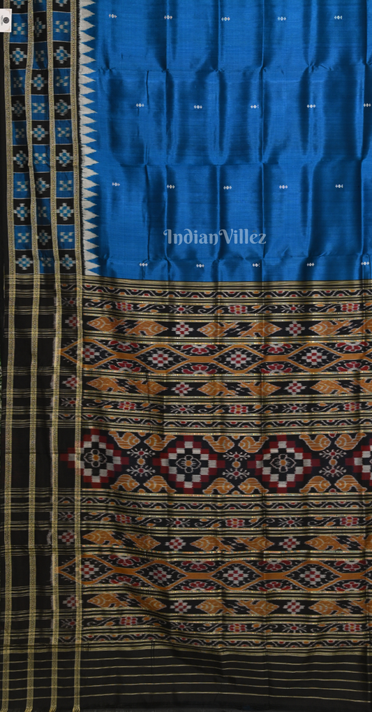Blue Black Triple Border Pasapali Odisha Ikat Khandua Silk Saree 