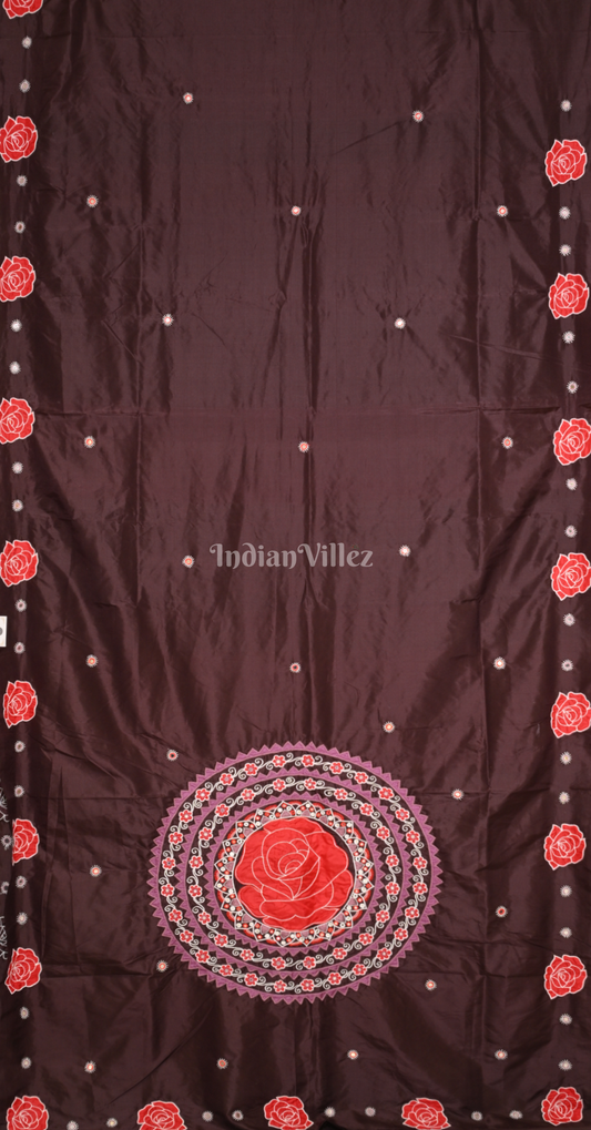 Coffee Red Hand Embroidered Applique Work Saree 