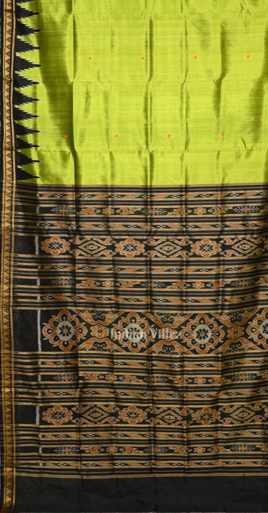 Parrot Green Blakck Butta Design Odisha Ikat Khandua Silk Saree