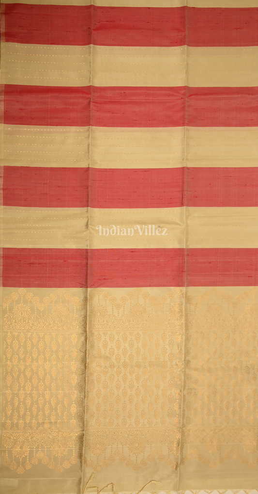 Beige Red Zari Stripped Pure Kanjivaram Soft Silk Saree