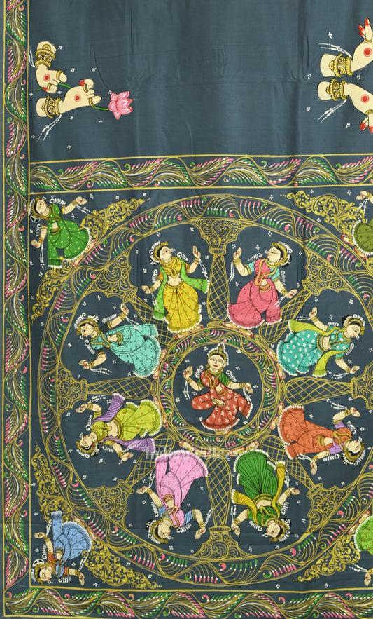 Grey Nartaki Mudra Hand-Painted Pattachitra Silk Saree
