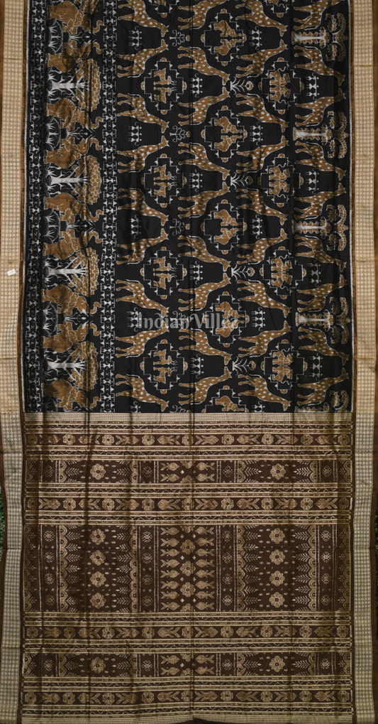 Black Brown Animal Theme Odisha Ikat Sambalpuri Silk Saree