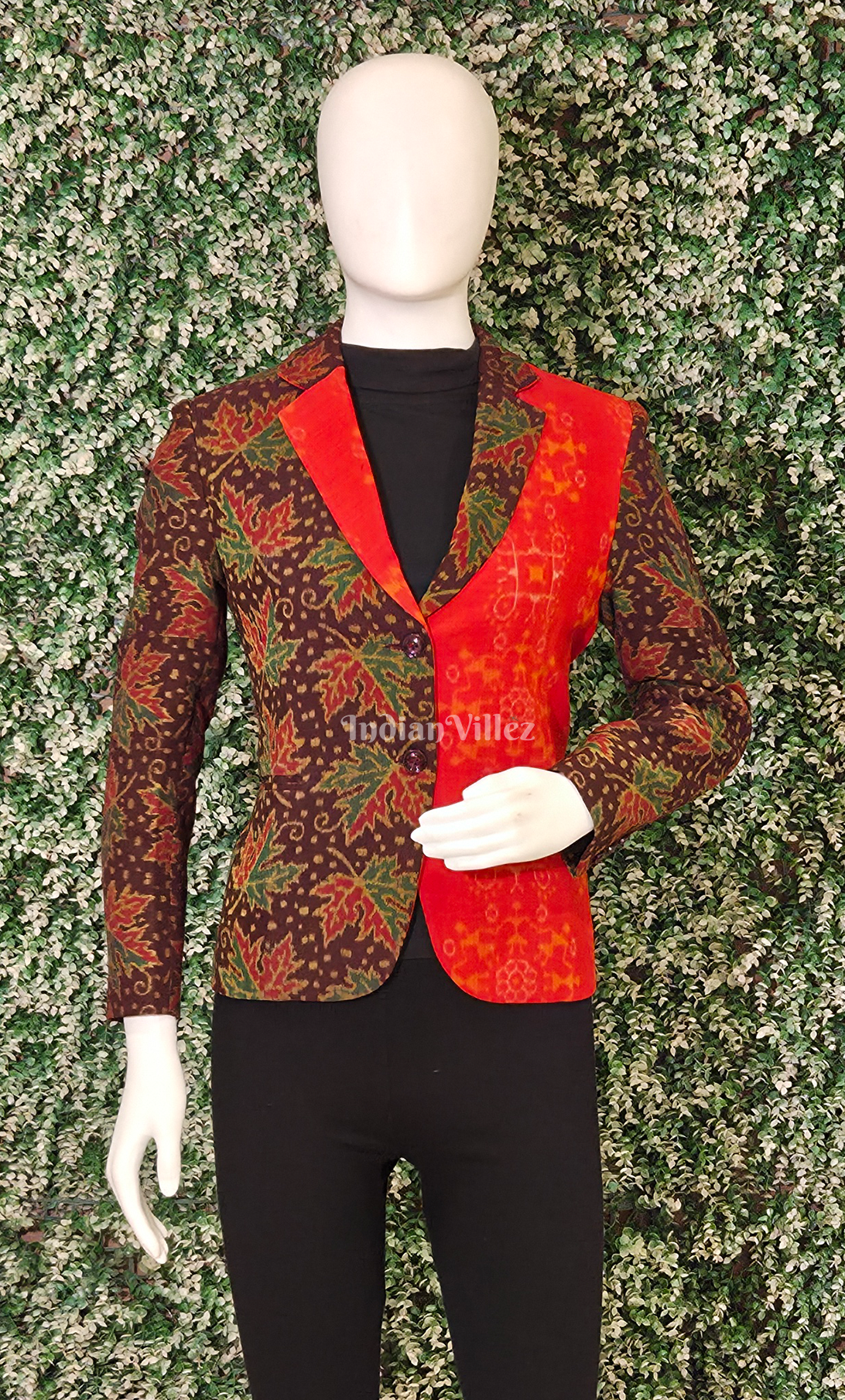 Coffee Red Leaf Motif Odisha Ikat Women's Designer Blazer