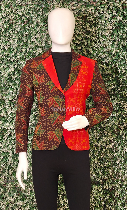Coffee Red Leaf Motif Odisha Ikat Women's Designer Blazer