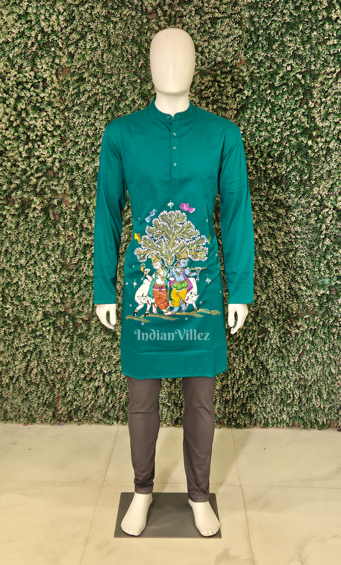 Rama Green Krishna Murali Theme Hand-Painted Pattachitra Kurta (Cambric Cotton)