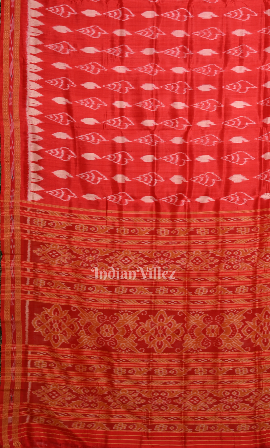 Blood Red Sankha Design Odisha Ikat Khandua Silk Saree 