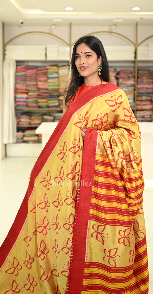 Light Yellow Red Butterfly Design Contemporary Silk Saree