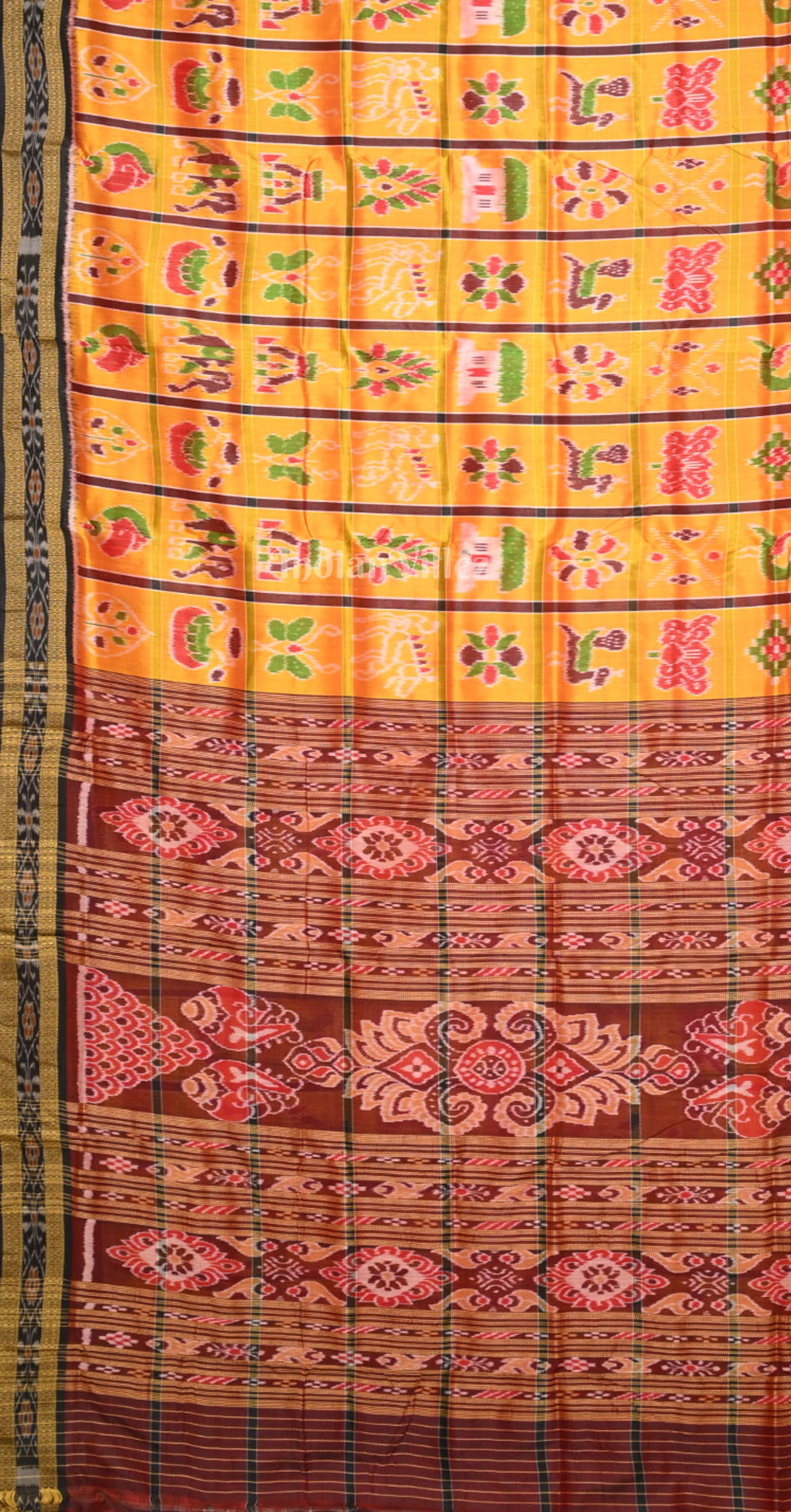 Mustard Yellow Maroon Nabakothi Odisha Ikat Khandua Silk Saree